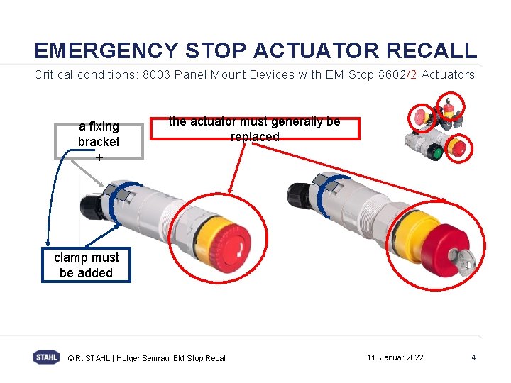 EMERGENCY STOP ACTUATOR RECALL Critical conditions: 8003 Panel Mount Devices with EM Stop 8602/2