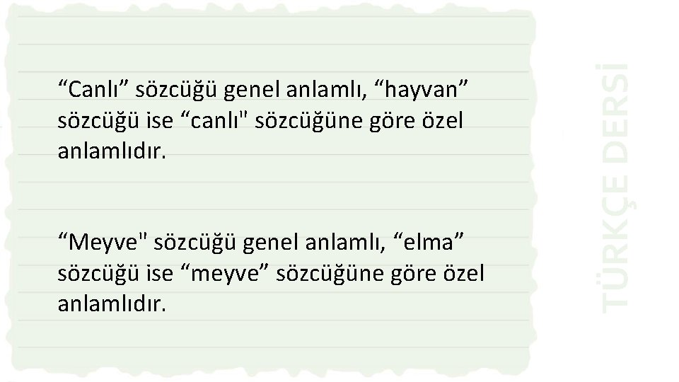 “Meyve" sözcüğü genel anlamlı, “elma” sözcüğü ise “meyve” sözcüğüne göre özel anlamlıdır. TÜRKÇE DERSİ