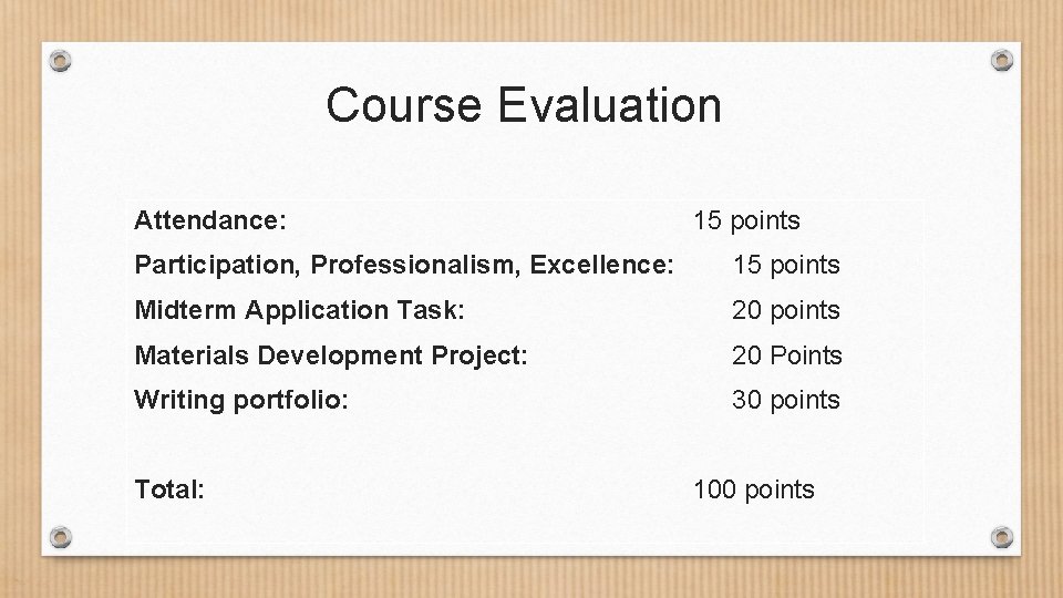 Course Evaluation Attendance: 15 points Participation, Professionalism, Excellence: 15 points Midterm Application Task: 20