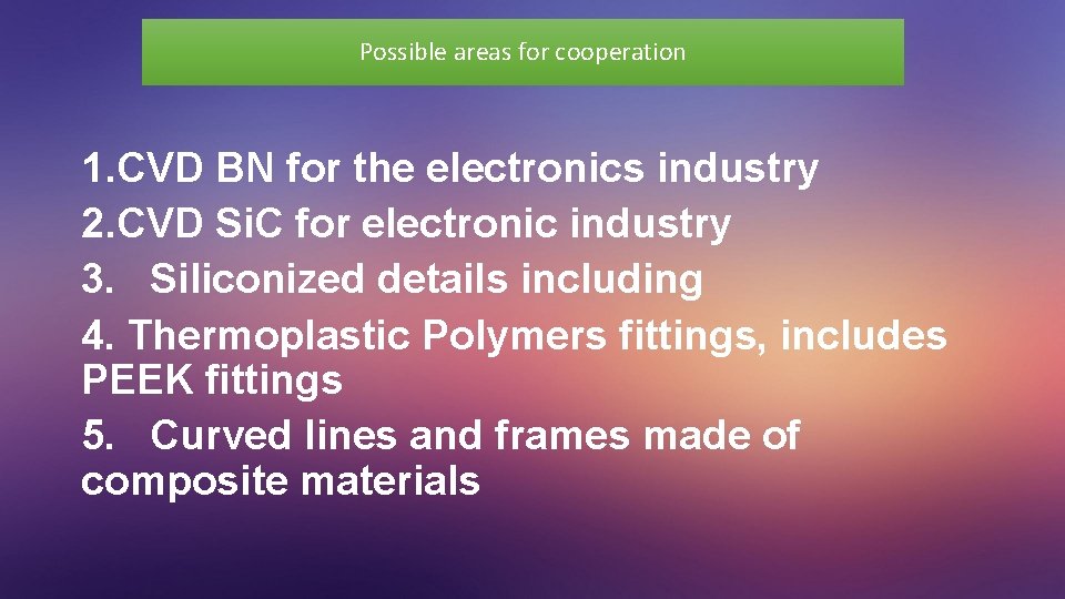 Possible areas for cooperation 1. CVD BN for the electronics industry 2. CVD Si.