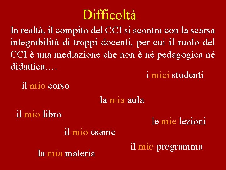 Difficoltà In realtà, il compito del CCI si scontra con la scarsa integrabilità di