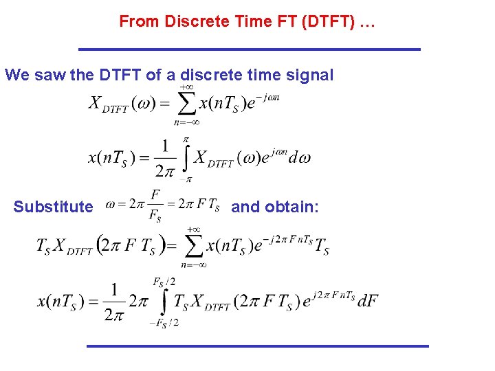 From Discrete Time FT (DTFT) … We saw the DTFT of a discrete time From Discrete Time FT (DTFT) … We saw the DTFT of a discrete time