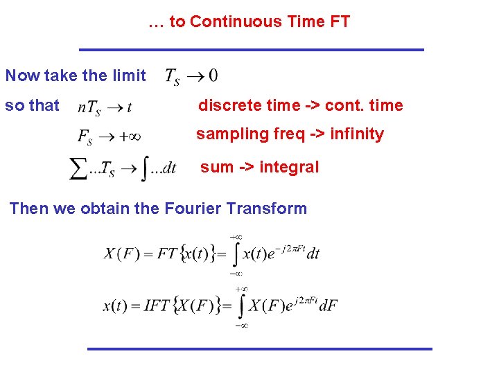 … to Continuous Time FT Now take the limit so that discrete time -> … to Continuous Time FT Now take the limit so that discrete time ->