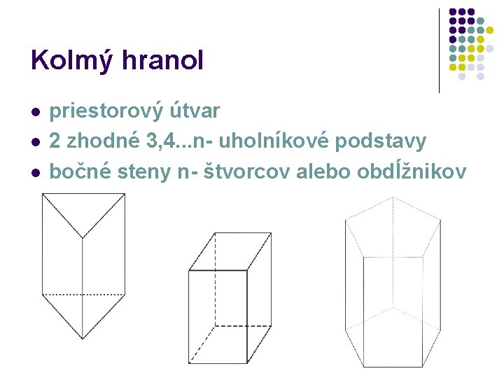 Kolmý hranol l priestorový útvar 2 zhodné 3, 4. . . n- uholníkové podstavy