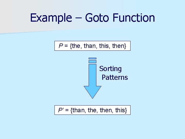 Example – Goto Function P = {the, than, this, then} Sorting Patterns P’ =