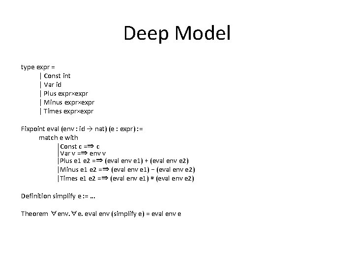 Deep Model type expr = | Const int | Var id | Plus expr×expr