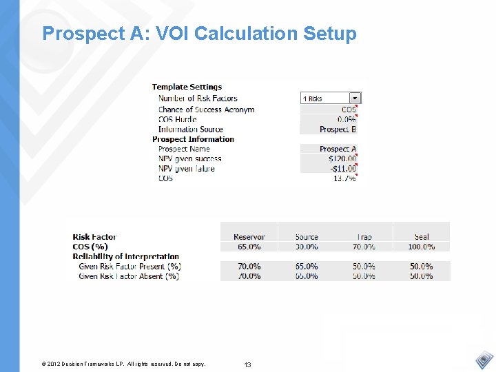 Prospect A: VOI Calculation Setup © 2012 Decision Frameworks LP. All rights reserved. Do