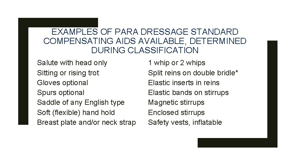 EXAMPLES OF PARA DRESSAGE STANDARD COMPENSATING AIDS AVAILABLE, DETERMINED DURING CLASSIFICATION Salute with head