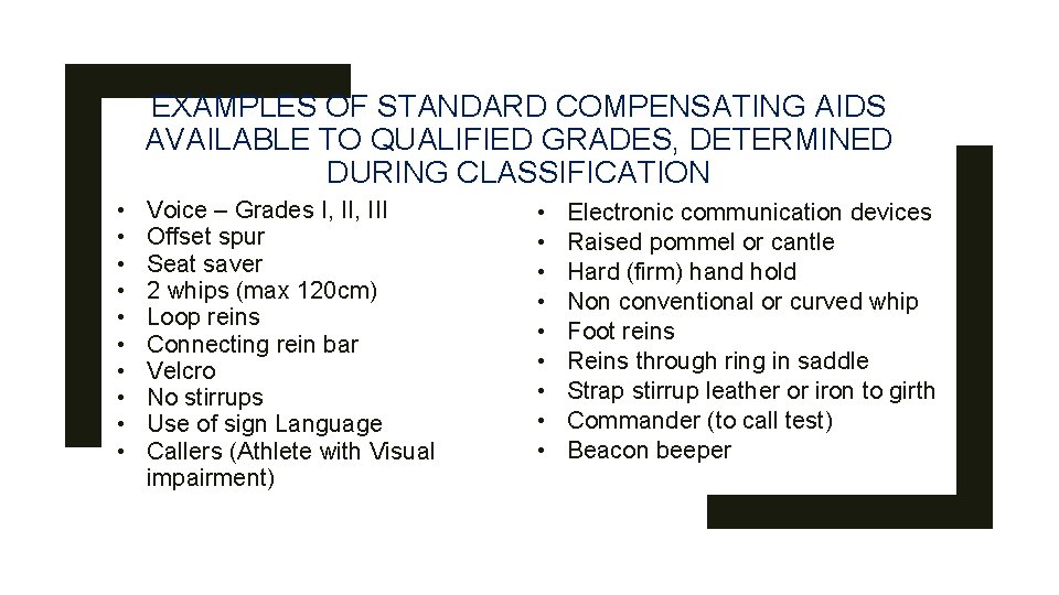 EXAMPLES OF STANDARD COMPENSATING AIDS AVAILABLE TO QUALIFIED GRADES, DETERMINED DURING CLASSIFICATION • •