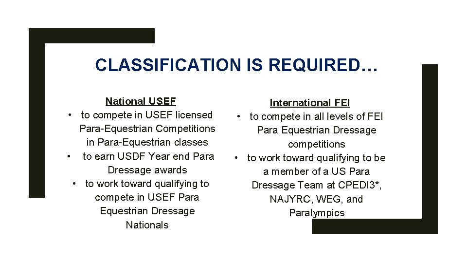 CLASSIFICATION IS REQUIRED… National USEF • to compete in USEF licensed Para-Equestrian Competitions in