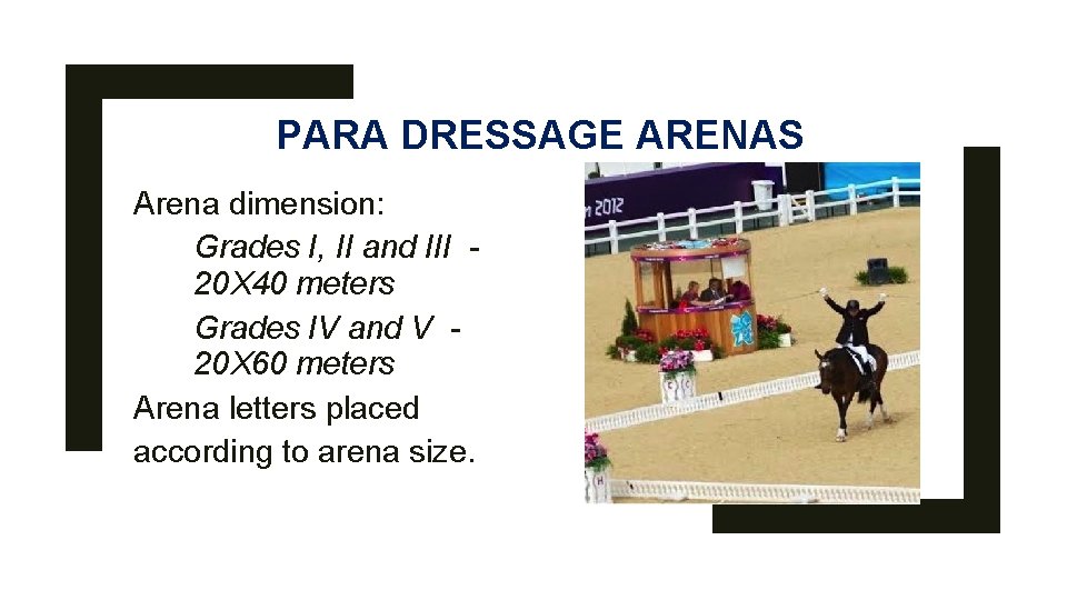 PARA DRESSAGE ARENAS Arena dimension: Grades I, II and III 20 X 40 meters