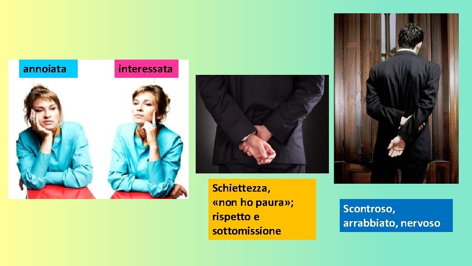 annoiata interessata Schiettezza, «non ho paura» ; rispetto e sottomissione Scontroso, arrabbiato, nervoso 