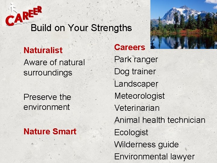 Build on Your Strengths Naturalist Aware of natural surroundings Preserve the environment Nature Smart