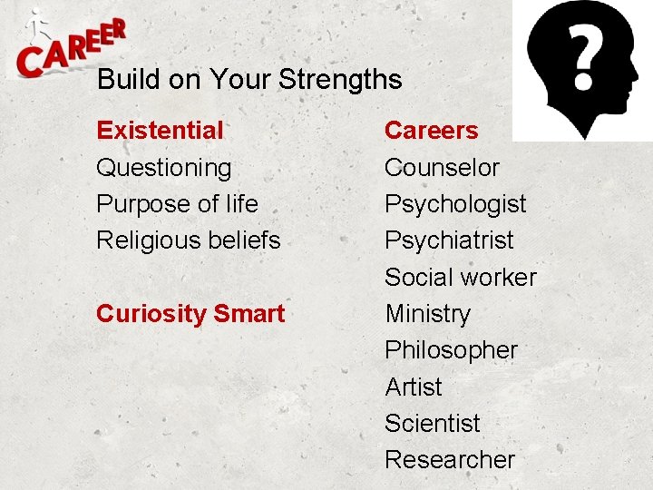 Build on Your Strengths Existential Questioning Purpose of life Religious beliefs Curiosity Smart Careers