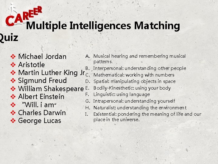 Quiz v v v v v Multiple Intelligences Matching A. Michael Jordan Aristotle B.