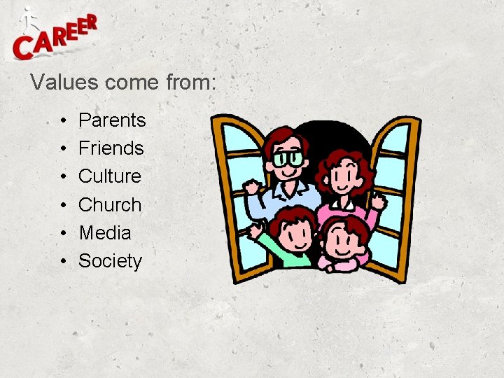 Values come from: • • • Parents Friends Culture Church Media Society 