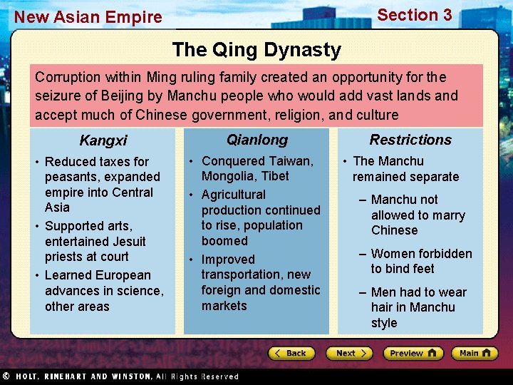 Section 3 New Asian Empire The Qing Dynasty Corruption within Ming ruling family created