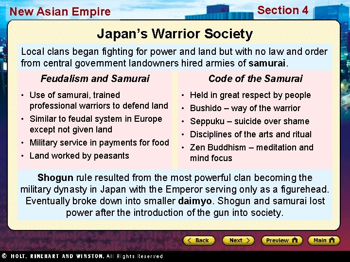 Section 4 New Asian Empire Japan’s Warrior Society Local clans began fighting for power