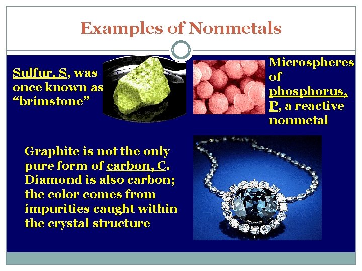 Examples of Nonmetals Sulfur, S, was once known as “brimstone” Graphite is not the