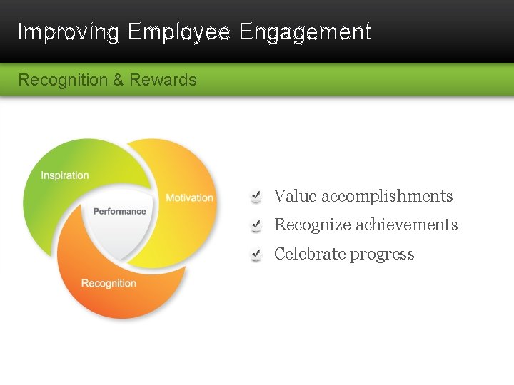 Improving Employee Engagement Recognition & Rewards Value accomplishments Recognize achievements Celebrate progress 