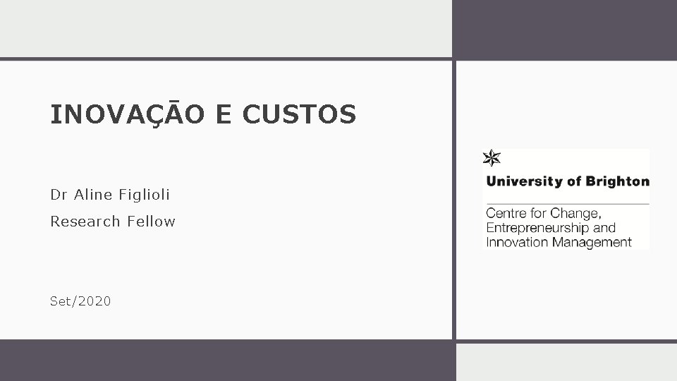 INOVAÇĀO E CUSTOS Dr Aline Figlioli Research Fellow Set/2020 INOVAÇĀO E CUSTOS Dr Aline Figlioli Research Fellow Set/2020