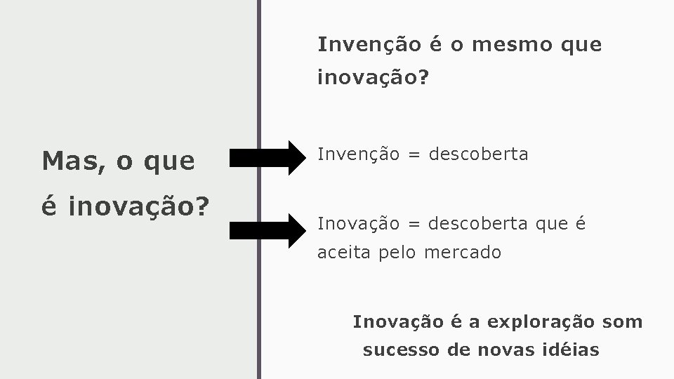 Invenção é o mesmo que inovação? Mas, o que é inovação? Invenção = descoberta Invenção é o mesmo que inovação? Mas, o que é inovação? Invenção = descoberta