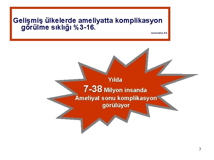 Gelişmiş ülkelerde ameliyatta komplikasyon görülme sıklığı %3 -16. www. who. int Yılda 7 -38