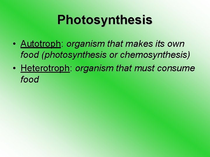 Photosynthesis • Autotroph: organism that makes its own food (photosynthesis or chemosynthesis) • Heterotroph: