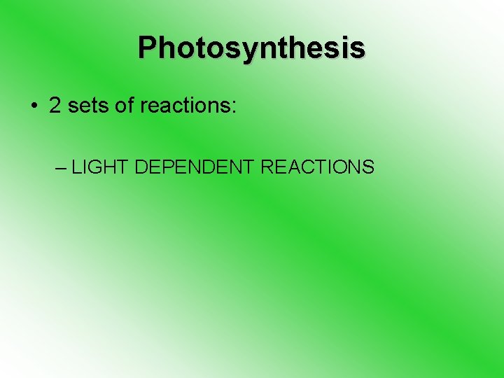 Photosynthesis • 2 sets of reactions: – LIGHT DEPENDENT REACTIONS 