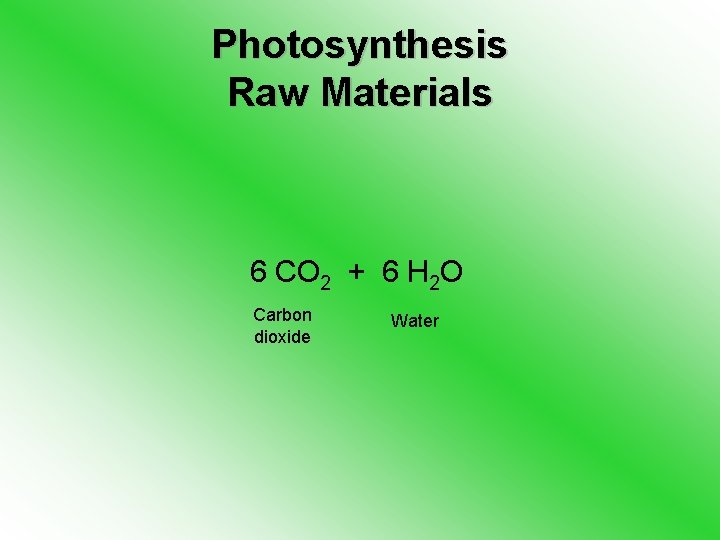 Photosynthesis Raw Materials 6 CO 2 + 6 H 2 O Carbon dioxide Water