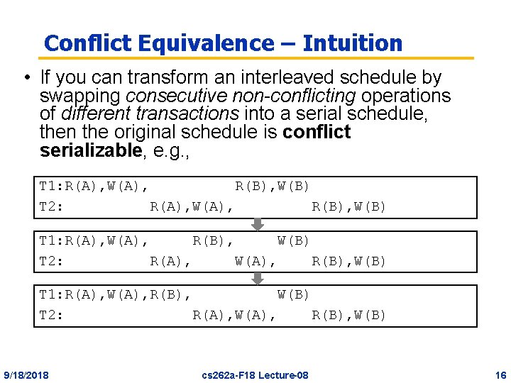 Conflict Equivalence – Intuition • If you can transform an interleaved schedule by swapping