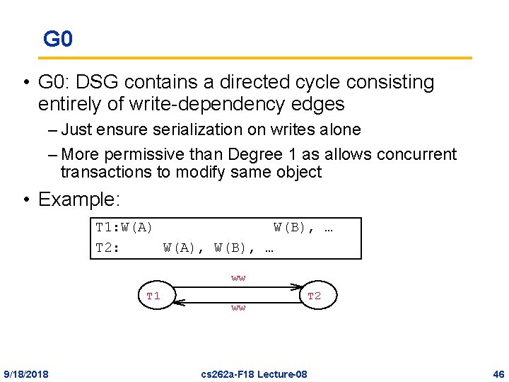 G 0 • G 0: DSG contains a directed cycle consisting entirely of write-dependency