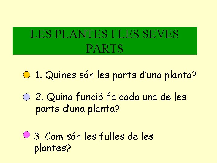 LES PLANTES I LES SEVES PARTS 1. Quines són les parts d’una planta? 2.