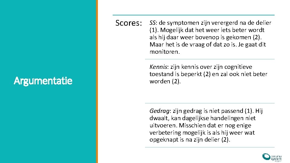 Scores: Argumentatie SS: de symptomen zijn verergerd na de delier (1). Mogelijk dat het