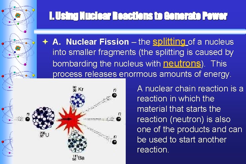 I. Using Nuclear Reactions to Generate Power ª A. Nuclear Fission – the splitting