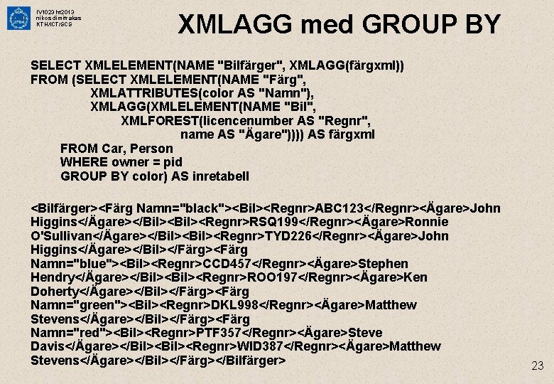 IV 1023 ht 2013 nikos dimitrakas KTH/ICT/SCS XMLAGG med GROUP BY SELECT XMLELEMENT(NAME "Bilfärger",