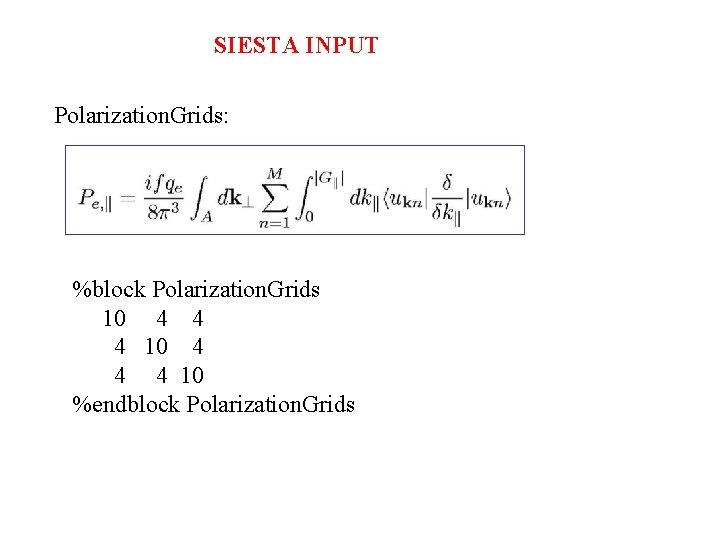 SIESTA INPUT Polarization. Grids: %block Polarization. Grids 10 4 4 4 10 %endblock Polarization.