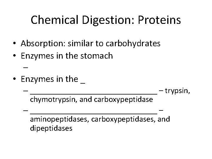 Chemical Digestion: Proteins • Absorption: similar to carbohydrates • Enzymes in the stomach –