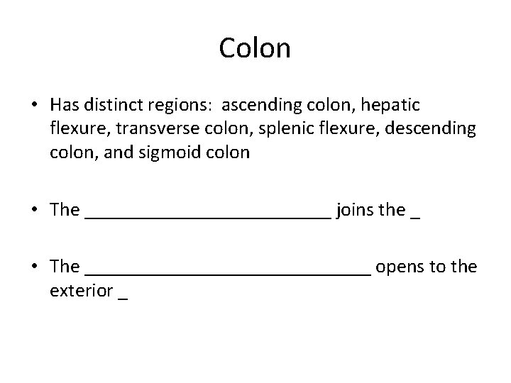 Colon • Has distinct regions: ascending colon, hepatic flexure, transverse colon, splenic flexure, descending