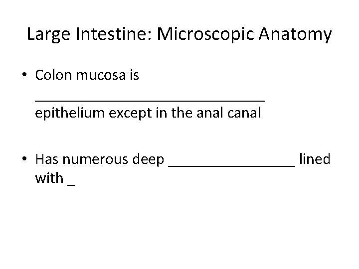 Large Intestine: Microscopic Anatomy • Colon mucosa is _______________ epithelium except in the anal