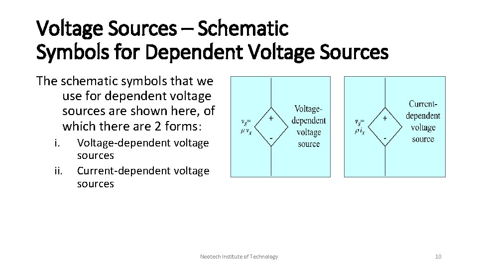 Voltage Sources – Schematic Symbols for Dependent Voltage Sources The schematic symbols that we