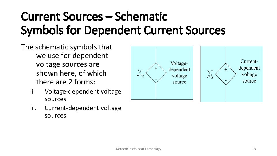 Current Sources – Schematic Symbols for Dependent Current Sources The schematic symbols that we