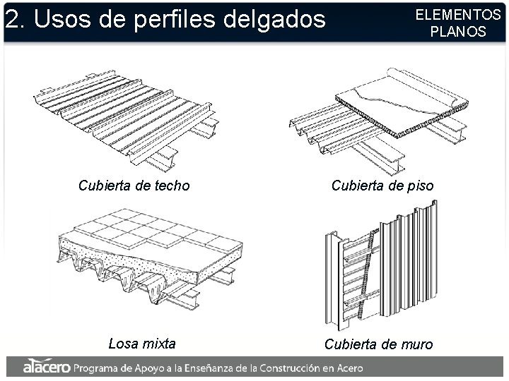 2. Usos de perfiles delgados Cubierta de techo Losa mixta ELEMENTOS PLANOS Cubierta de 2. Usos de perfiles delgados Cubierta de techo Losa mixta ELEMENTOS PLANOS Cubierta de