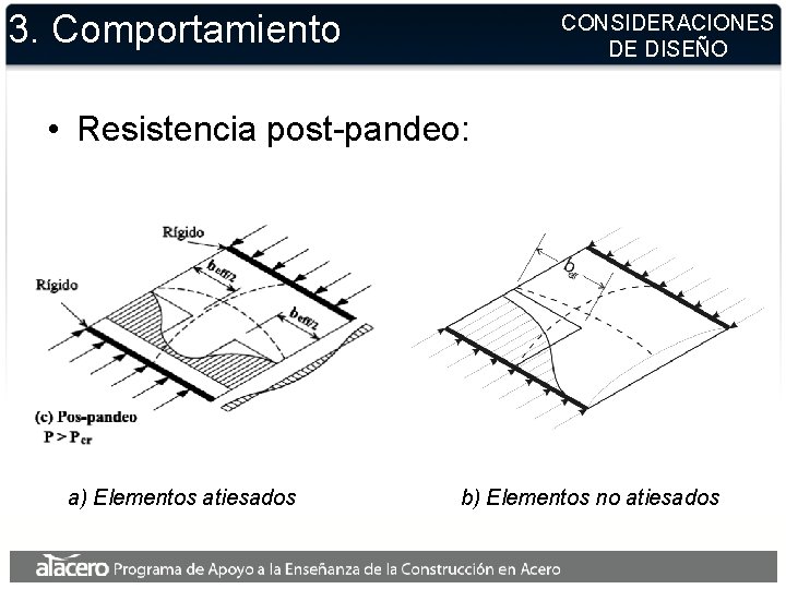 3. Comportamiento CONSIDERACIONES DE DISEÑO • Resistencia post-pandeo: a) Elementos atiesados b) Elementos no 3. Comportamiento CONSIDERACIONES DE DISEÑO • Resistencia post-pandeo: a) Elementos atiesados b) Elementos no