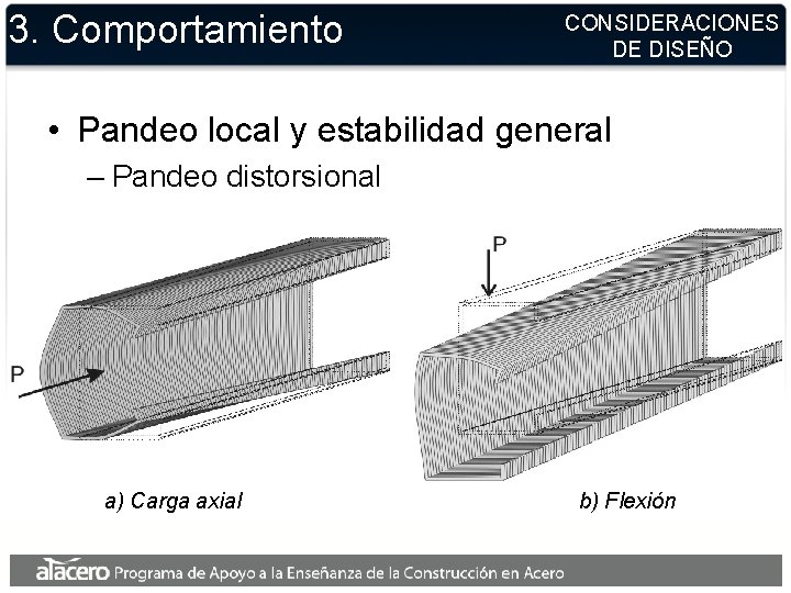 3. Comportamiento CONSIDERACIONES DE DISEÑO • Pandeo local y estabilidad general – Pandeo distorsional 3. Comportamiento CONSIDERACIONES DE DISEÑO • Pandeo local y estabilidad general – Pandeo distorsional