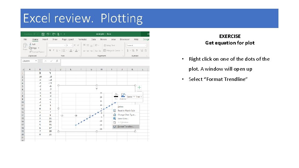Excel review. Plotting EXERCISE Get equation for plot • Right click on one of