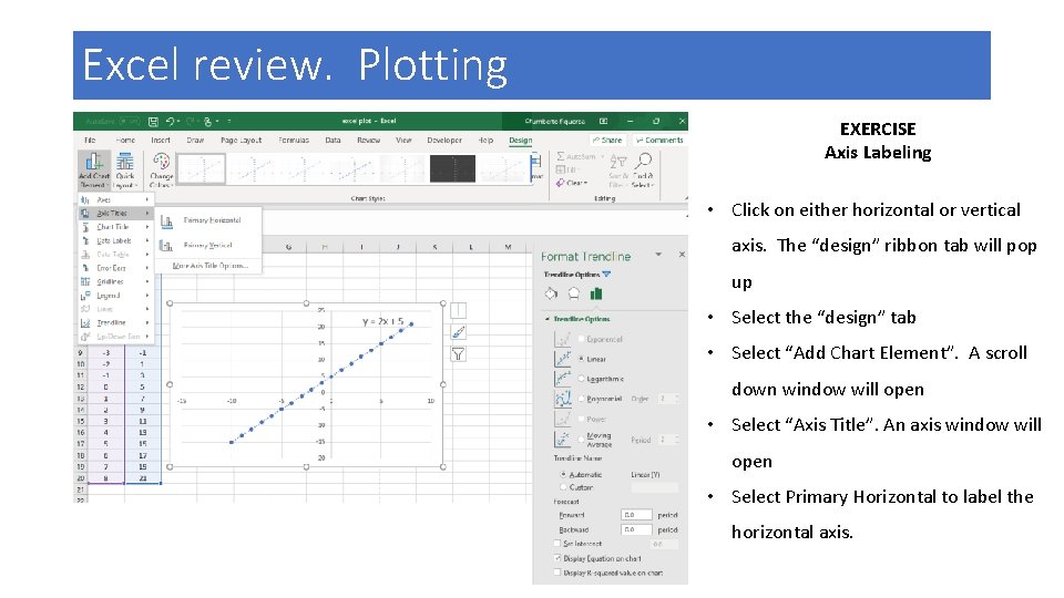 Excel review. Plotting EXERCISE Axis Labeling • Click on either horizontal or vertical axis.