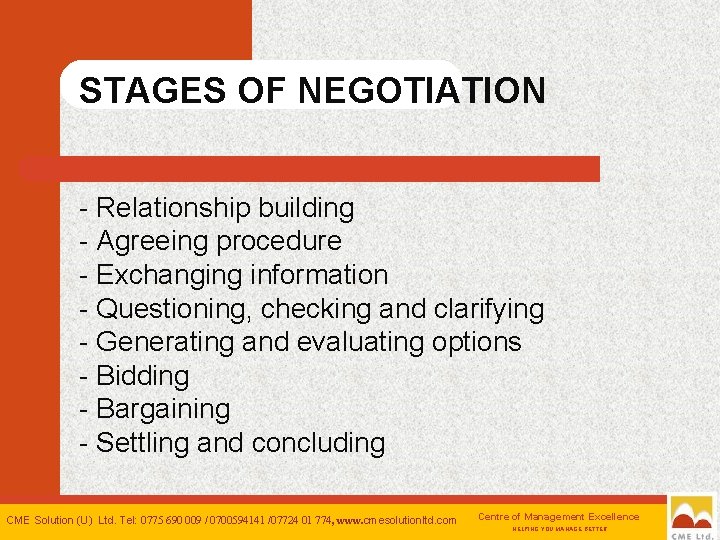 STAGES OF NEGOTIATION - Relationship building - Agreeing procedure - Exchanging information - Questioning,