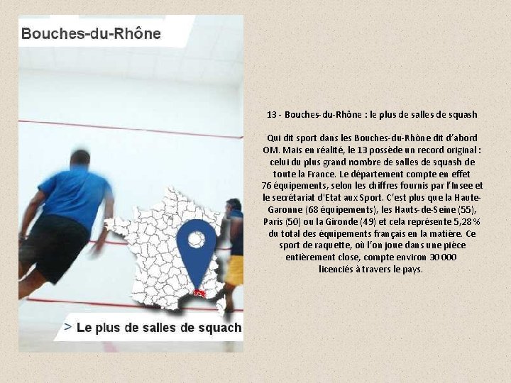 13 - Bouches-du-Rhône : le plus de salles de squash Qui dit sport dans