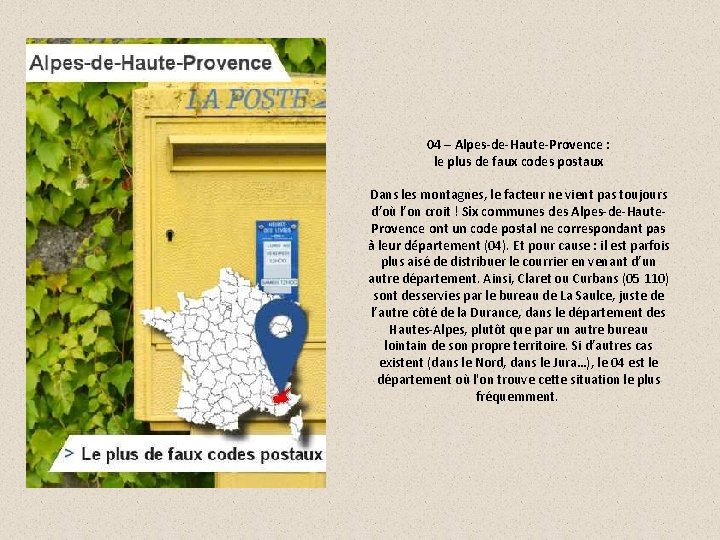 04 – Alpes-de-Haute-Provence : le plus de faux codes postaux Dans les montagnes, le